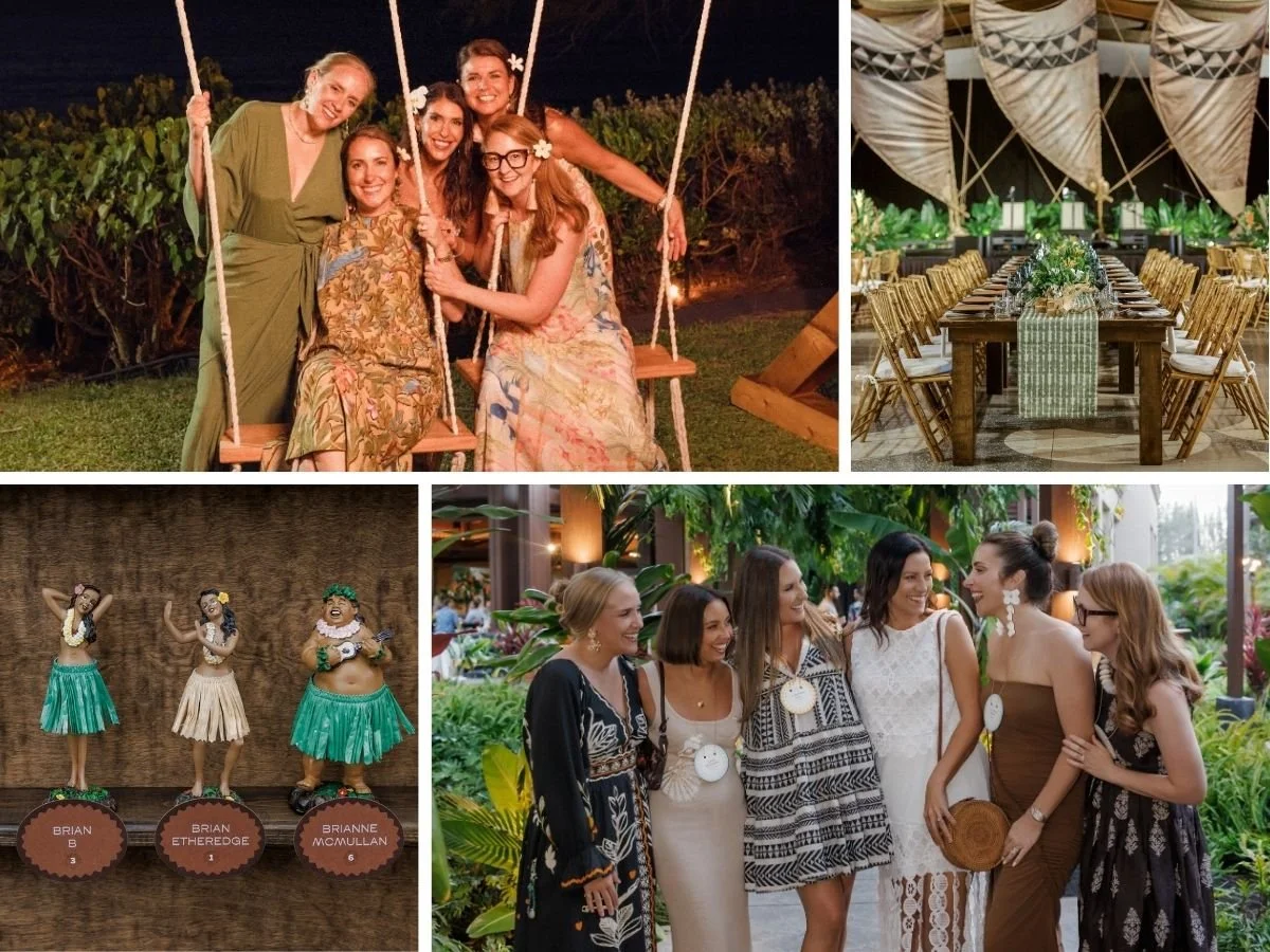 A collage of images featuring a group of five women sitting and standing beside two wooden swings, a traditional luau-inspired dinner setting, and a luau doll escort display