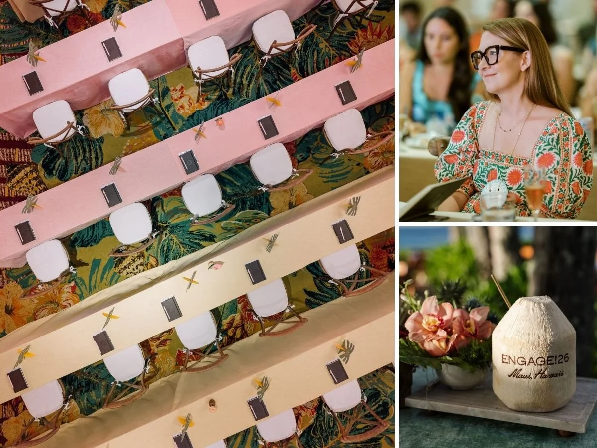 A collage of three images featuring a colorful room with vibrant pink and yellow tables, a woman sitting at a table looking at a stage taking notes in her notebook, and a shaved coconut drink holder with the words Engage Maui Hawaii engraved on it