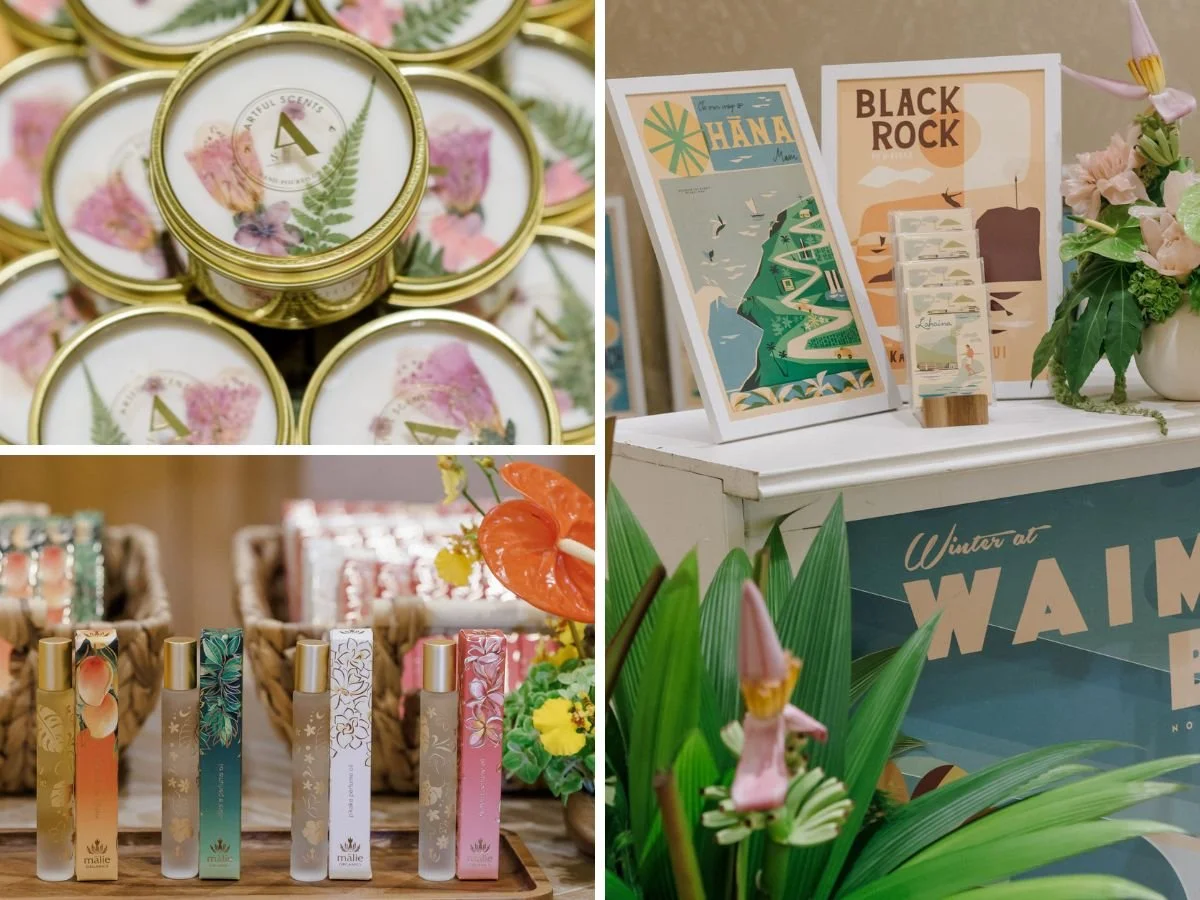 An island-inspired gifting station featuring specialty perfumes, candles, and local artwork