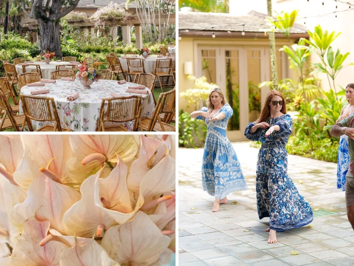 Collage of three photos featuring an outdoor lunch area with bright floral tables, tropical flowers, and three women learning to do a traditional hula dance