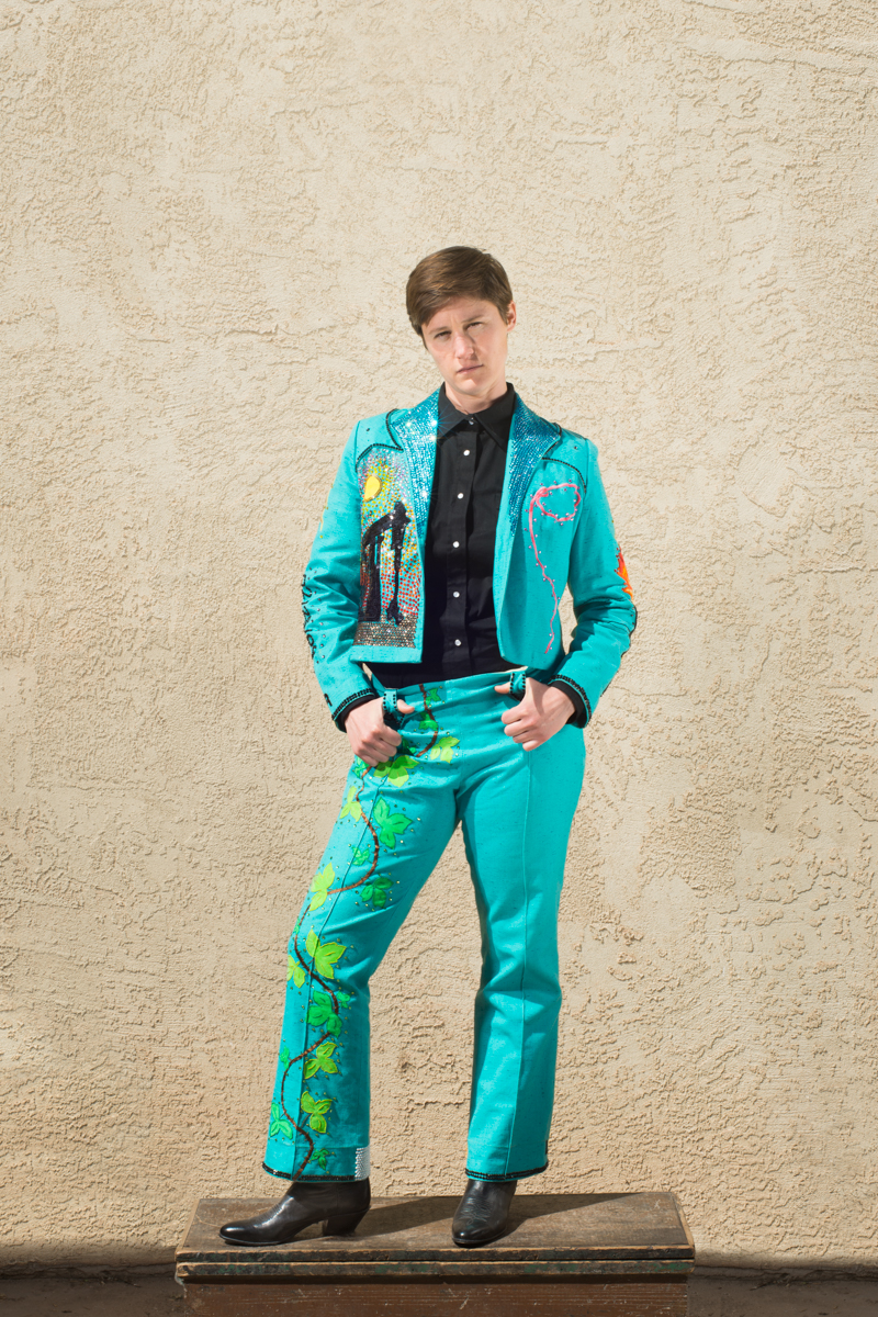 My $10,000 Suit (2018) is inspired by the Nudie suits worn by anyone who was anyone in country music or Hollywood from the 1940s on. I bought a vintage suit, had it tailored to fit me, and then embellished it by hand with appliqué and embroidery