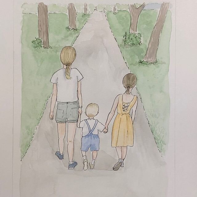 Three lucky little people, captured by @rosedubillustrations on one of the many lock down walks of 2020.... Happy Father&rsquo;s Day Daddy #fathersday #childrensillustration #walks #thelongwalk