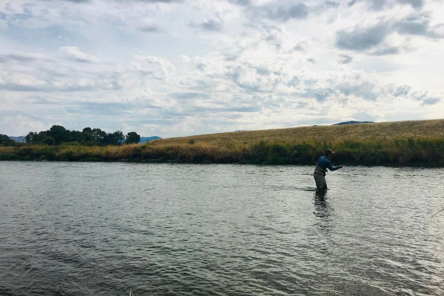A person fishing in a river under a partly cloudy sky with grassy hills in the background.