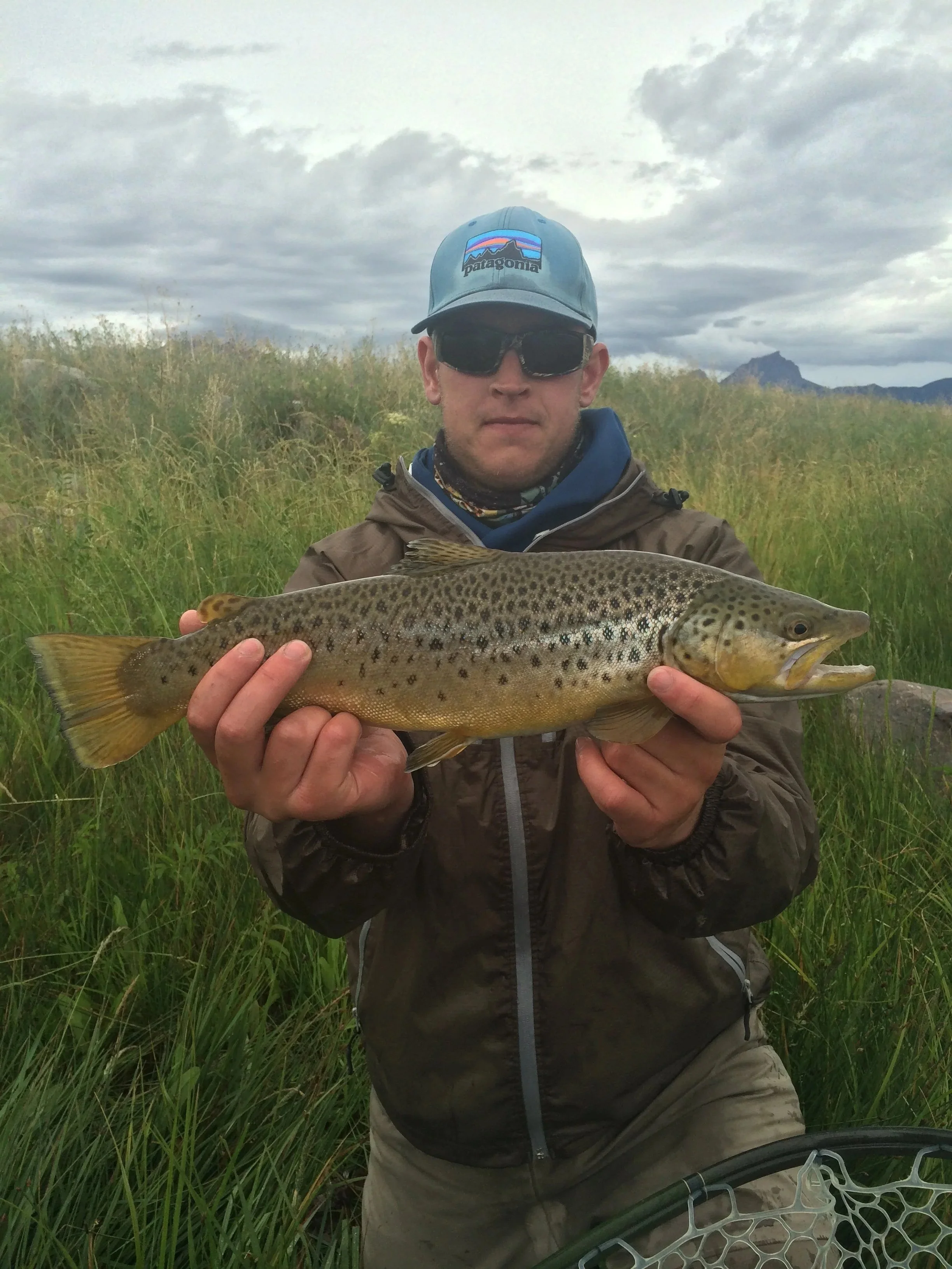 Man wearing a Patagonia cap and sunglasses holds a large fish in a grassy outdoor area with cloudy sky and mountains in the background.