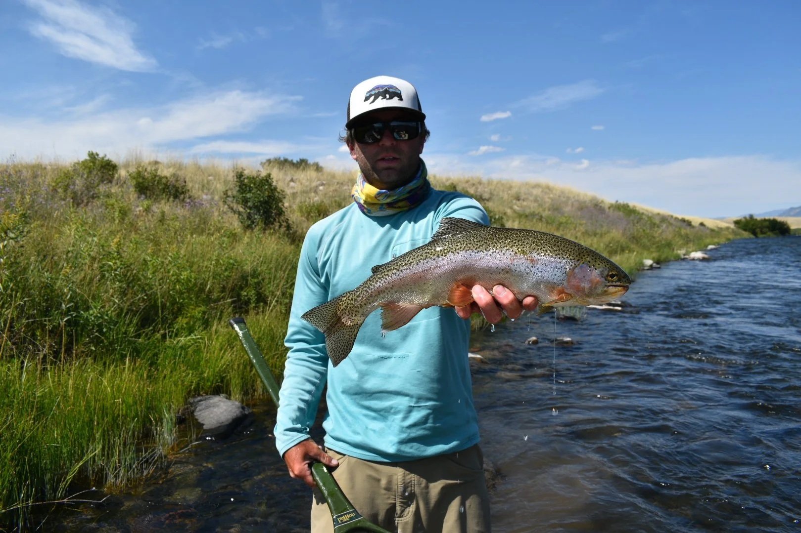 A Flyshot Outfitters guide holding a large, wild rainbow trout on the Upper Missouri River near Townsend, Montana, during a guided fly fishing trip for trophy-sized migratory fish.