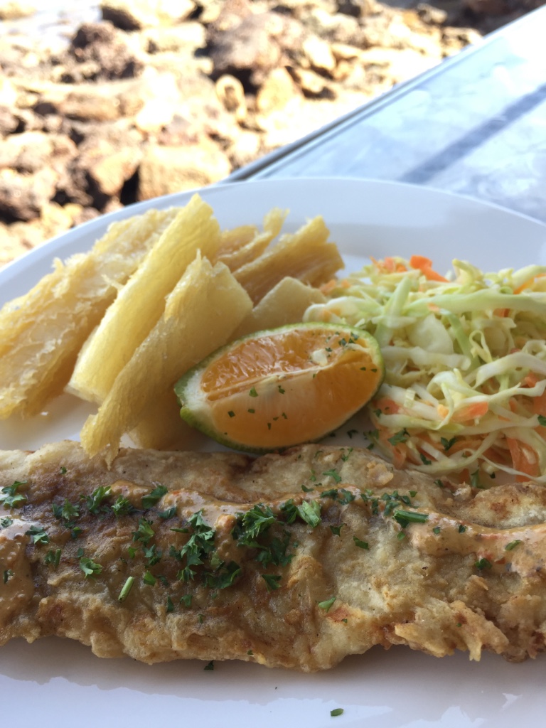 Meu almoço: peixe frito, salada e aipim (!)