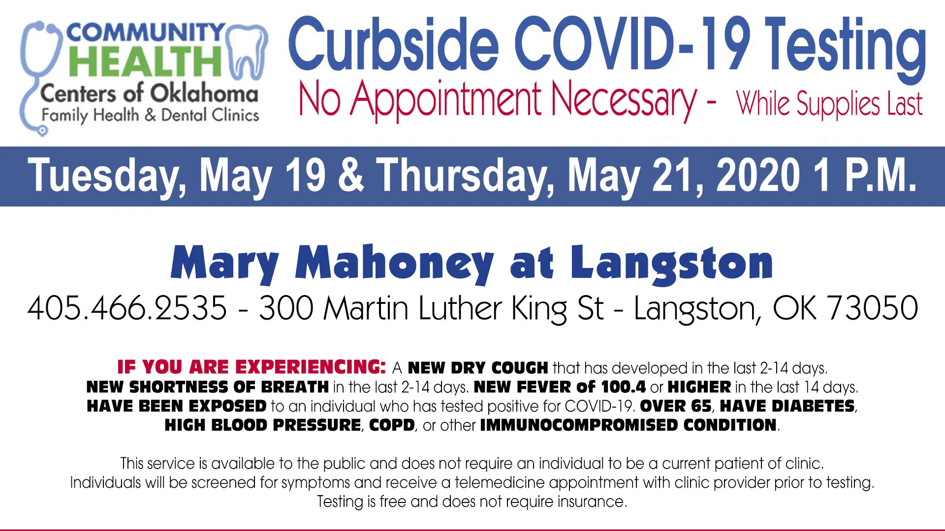 Curbside COVID-19 Testing - Mary Mahoney at Langston