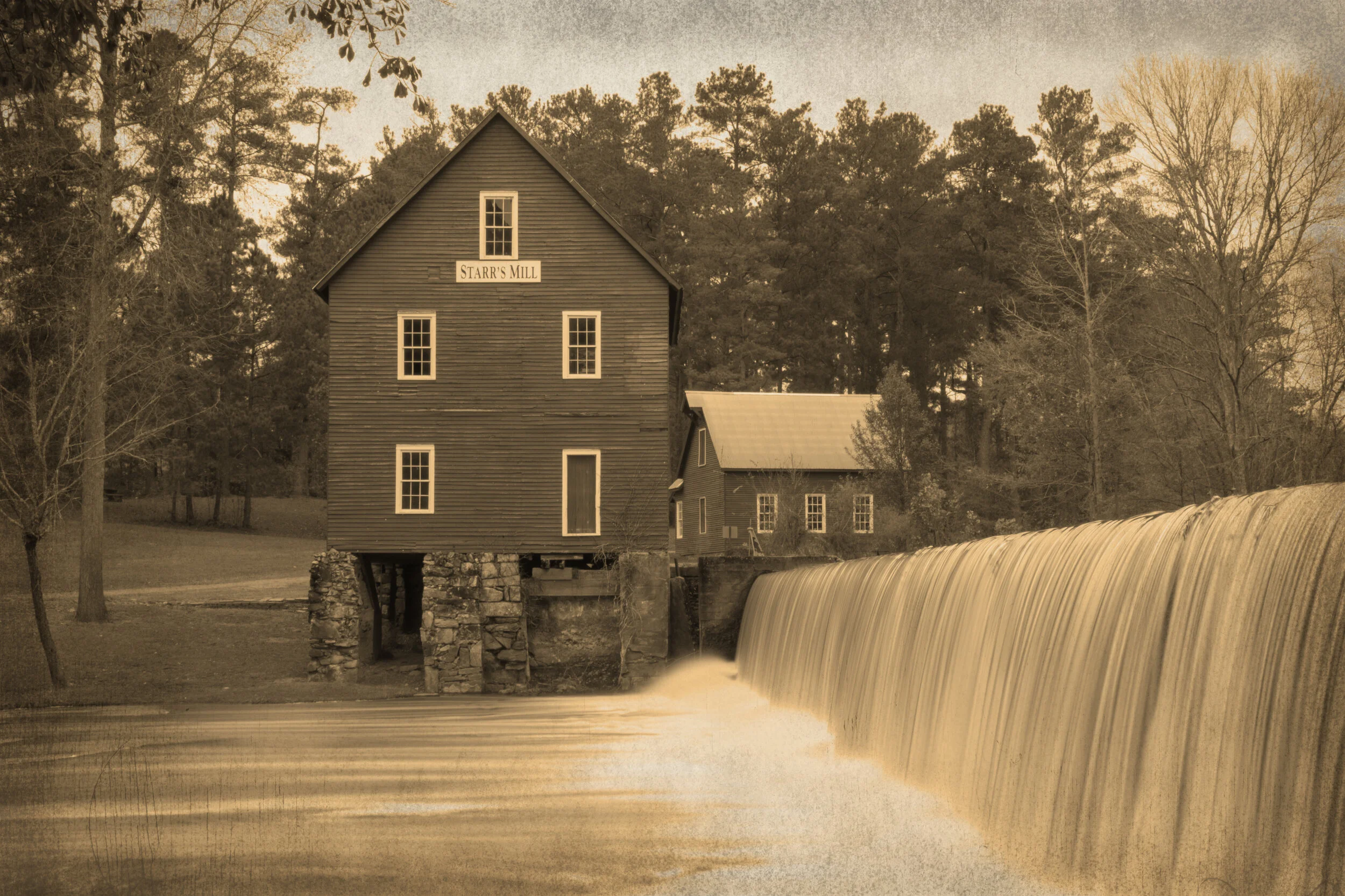  Starr's Mill Waterfall, Fayetteville, Georgia  with sepia filter and texture overlay added 