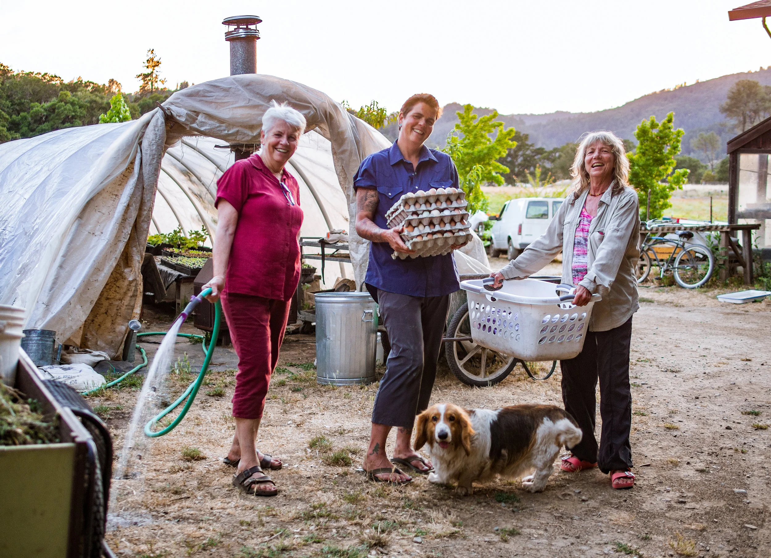 Tam, her daughter Kashaya, Lucy the masseuse, and Truckee the farm dog.