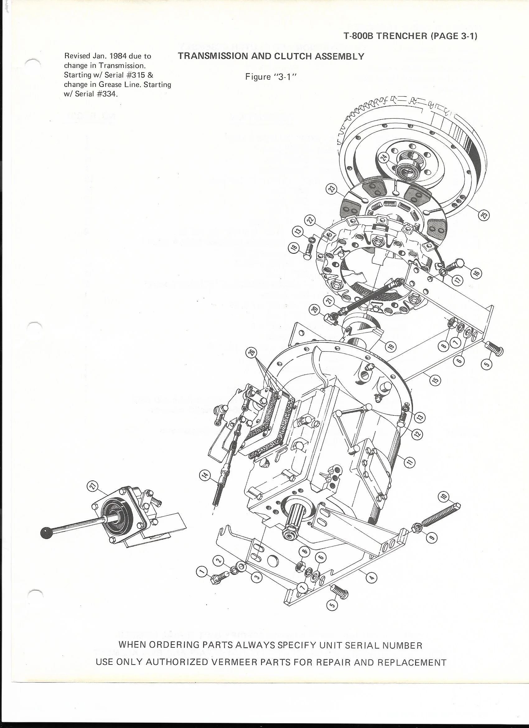 VERMEER 800 TRENCHER - TRANSMISSION AND CLUTCH ASSEMBLY SPICER TRANSMISSION #301309-86 MODEL 5552A FLYWHEEL ASSEMBLY #5125577 DETROIT (SEA #2) (NC)