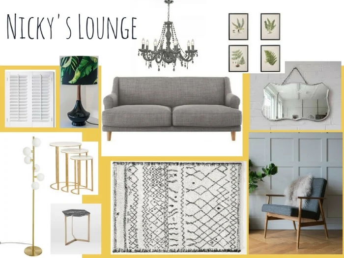 A concept board for a client’s small living room. Using yellow is a great trick to make a room feel brighter!