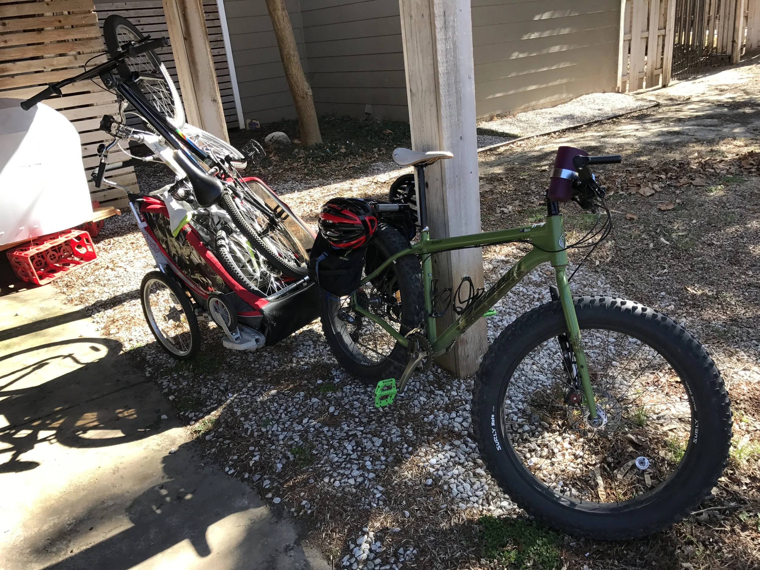 My rig on a day when my kids had let their hedonic adaptation get the best of them and hadn't ridden to school. I delivered their bikes so they could ride home. 