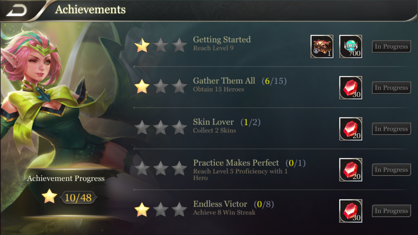 Like many games, Arena of Valor has an Achievements system. It's the primary place to collect Gems from in the game.