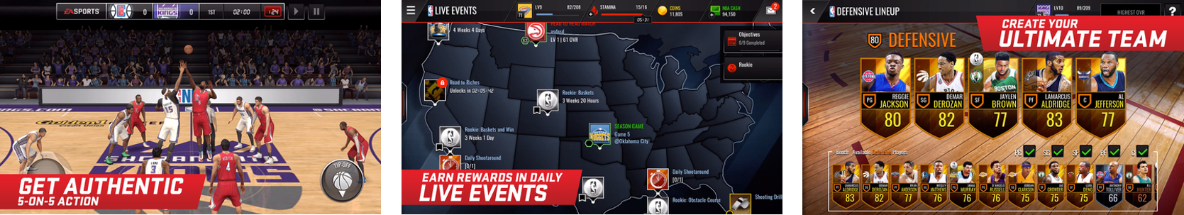 Marketing screenshots of NBA Live Mobile on the App Store, emphasizing gameplay, live events and team building / collections