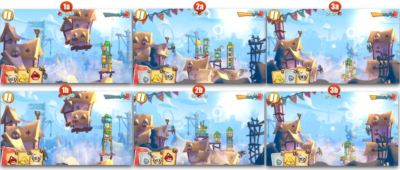 Not only does Angry Birds 2 look better, it has also multi-stage randomized levels. The image above shows the same level at two different tries. As you can see, the design of the Pigstructure has changed. 