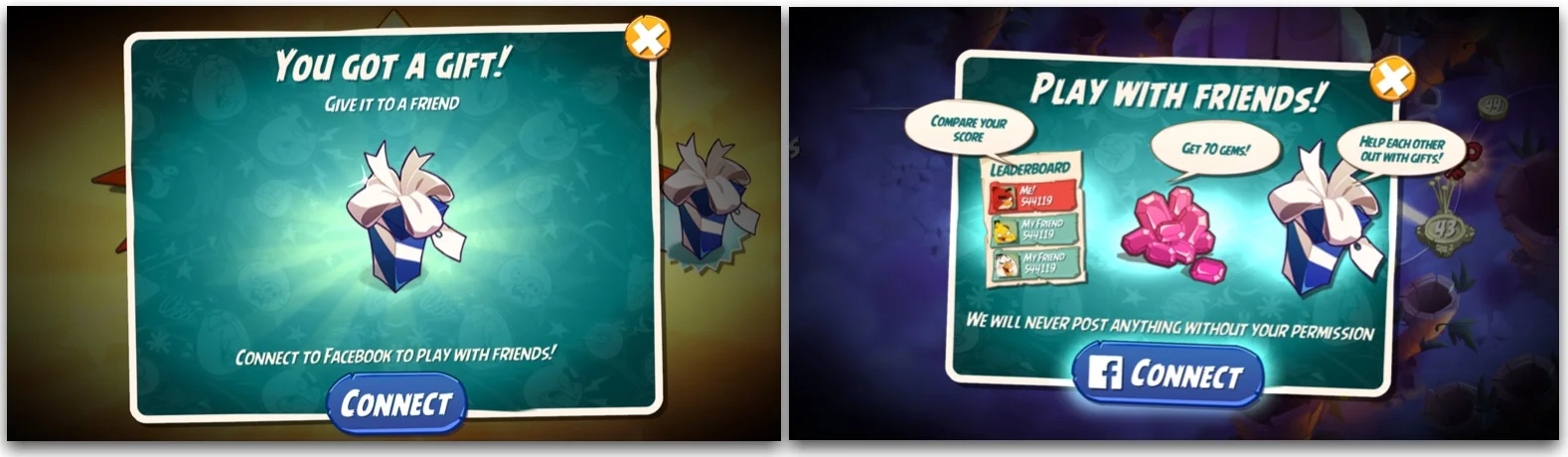 Players can send gifts to each other in Angry Birds 2. Sounds boring but it's actually well implemented. To send a gift, a player has to first find it on a level and catch it with a bird. So you actually work for a prize that you can't keep. This type of donation makes you feel generous.