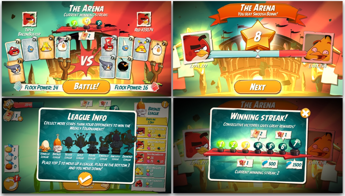 The Arena mode is like an another game in Angry Birds 2. It has its own energy, the Tickets, a Winning Streak feature that rewards for consecutive wins and a league structure, that creates a feeling of progress. 