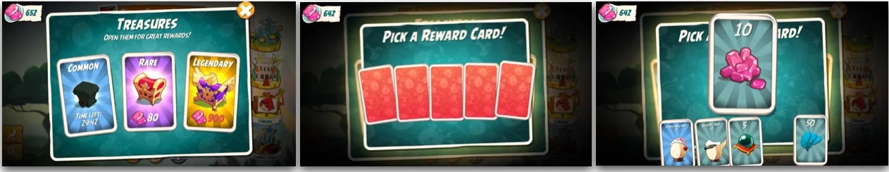 There are three Chests in Angry Birds 2. Each Chest, when opened, presents the player with 5 Cards out of which player picks one. Ads are linked to the Free Chest allowing player to open up multiple Free Chests if they watch ads in between.