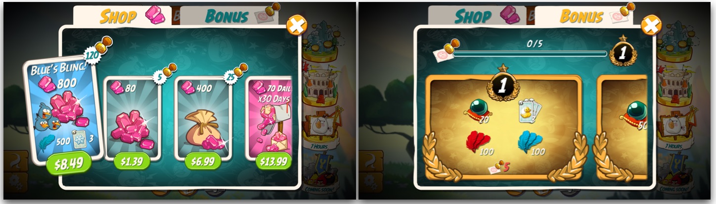 Even the shop in Angry Birds 2 is fully specked out. With every Gem purchase player makes, she receives VIP points (Stamps), which reward player with more rewards. This feature increases both repeat purchases and purchase sizes.