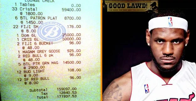 This is a bill for $170K for a single night out spent by NBA hall-of-famer Lebron James. I wished I was there!