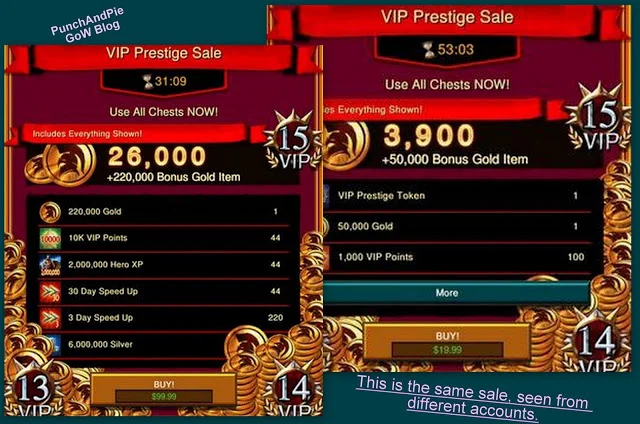 A comparison of the same offer viewed from different accounts taken from PunchAndPie's Game of War blog.