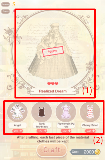 To craft any item the player would need a recipe (1) and required clothes components (2).