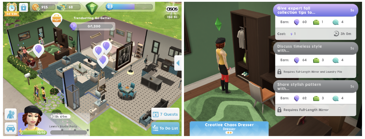 Party actions: Career/hobby progress unlocks objects the host placed in the house. The real party trick though is the fact that a player can chat with other players attending the party.