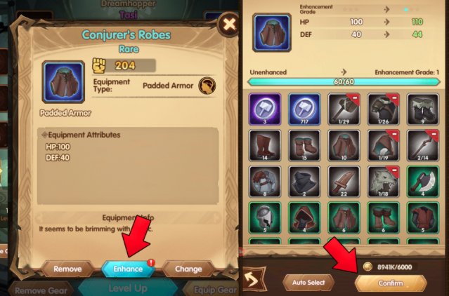 Both Heroes and gear use the classic pyramid system in which they are upgraded by fusing lower versions into the better one.