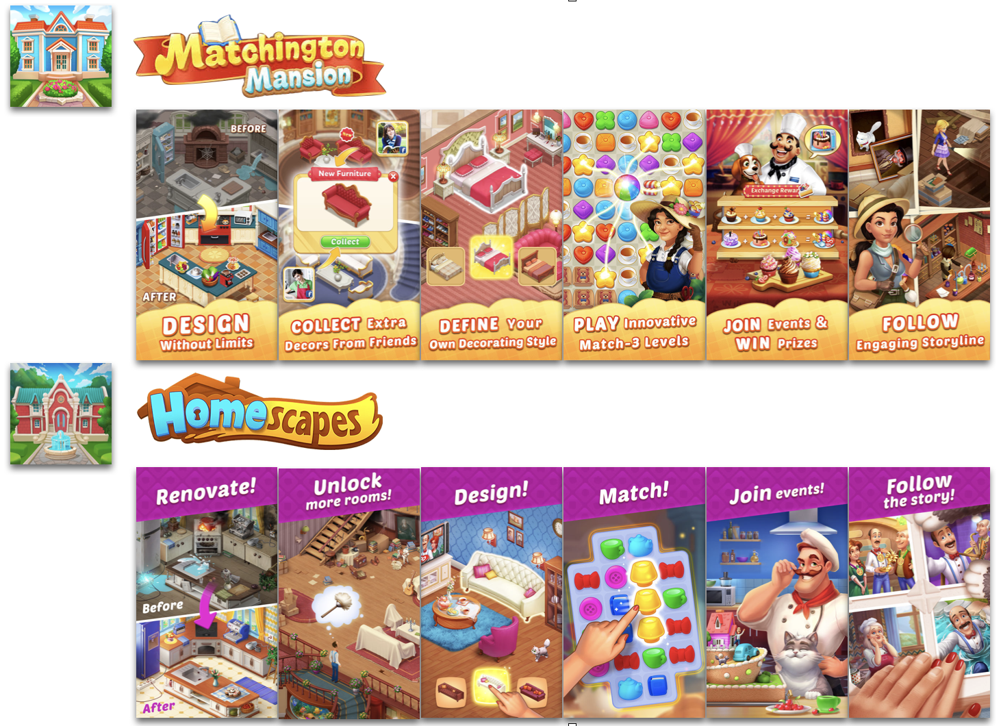 The store pages for Homescapes and Playrix are quite identical as well. Look carefully at the images above. I’ve actually switched app icons between the two games. But you wouldn't even notice.