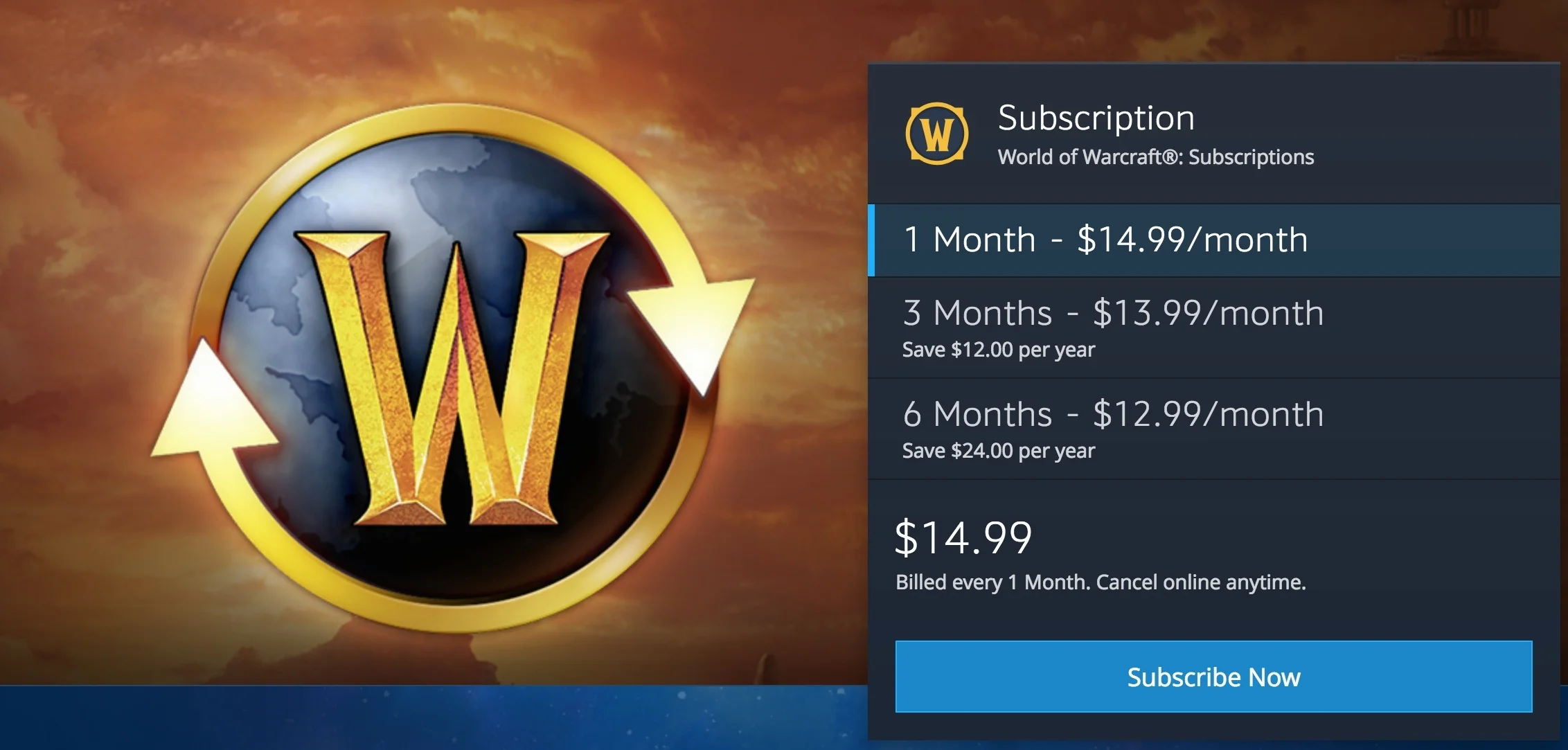 World of Warcraft has a very simple subscription model that emphasises the value of longer contracts without creating an overwhelming cognitive load.