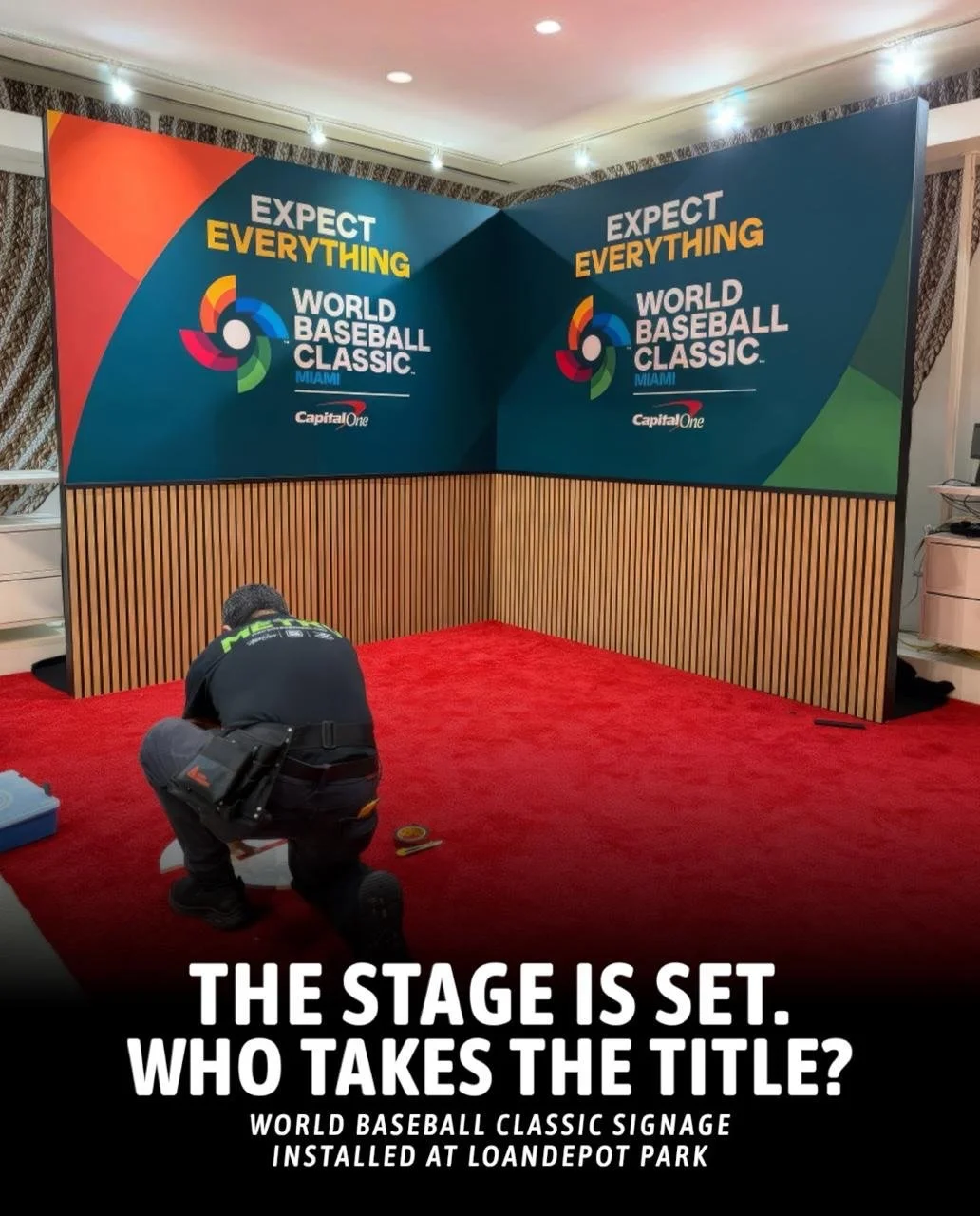 Before the players take the field, the installs go up. Our crew was on site at @loandepotpark installing the event signage for the World Baseball Classic in Miami.