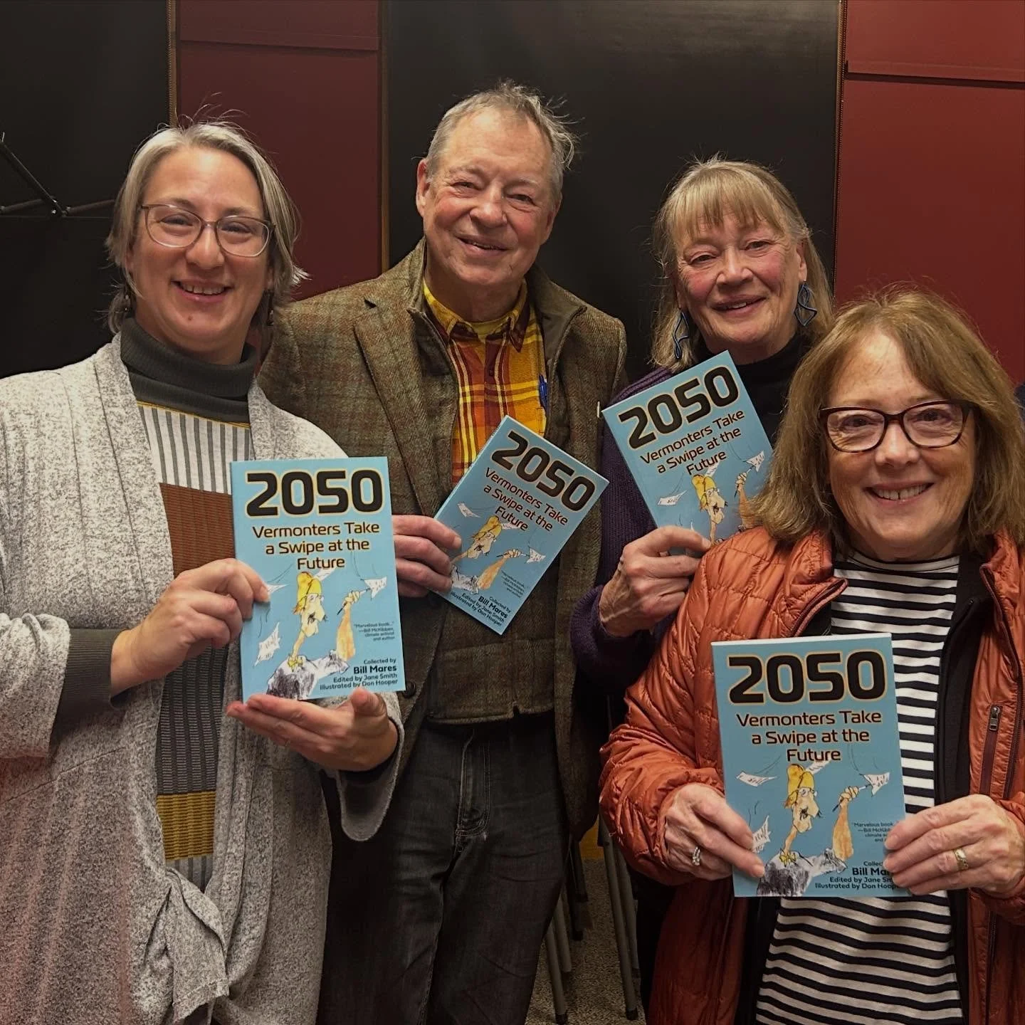 What a lovely book launch celebration for 2050: Vermonters Take a Swipe at the Future, at the @kellogghubbardlibrary tonight! Pictured here are (from left to right): Publisher Samantha Kolber, illustrator Don Hooper, Bill Mares&rsquo; widow Chris Had