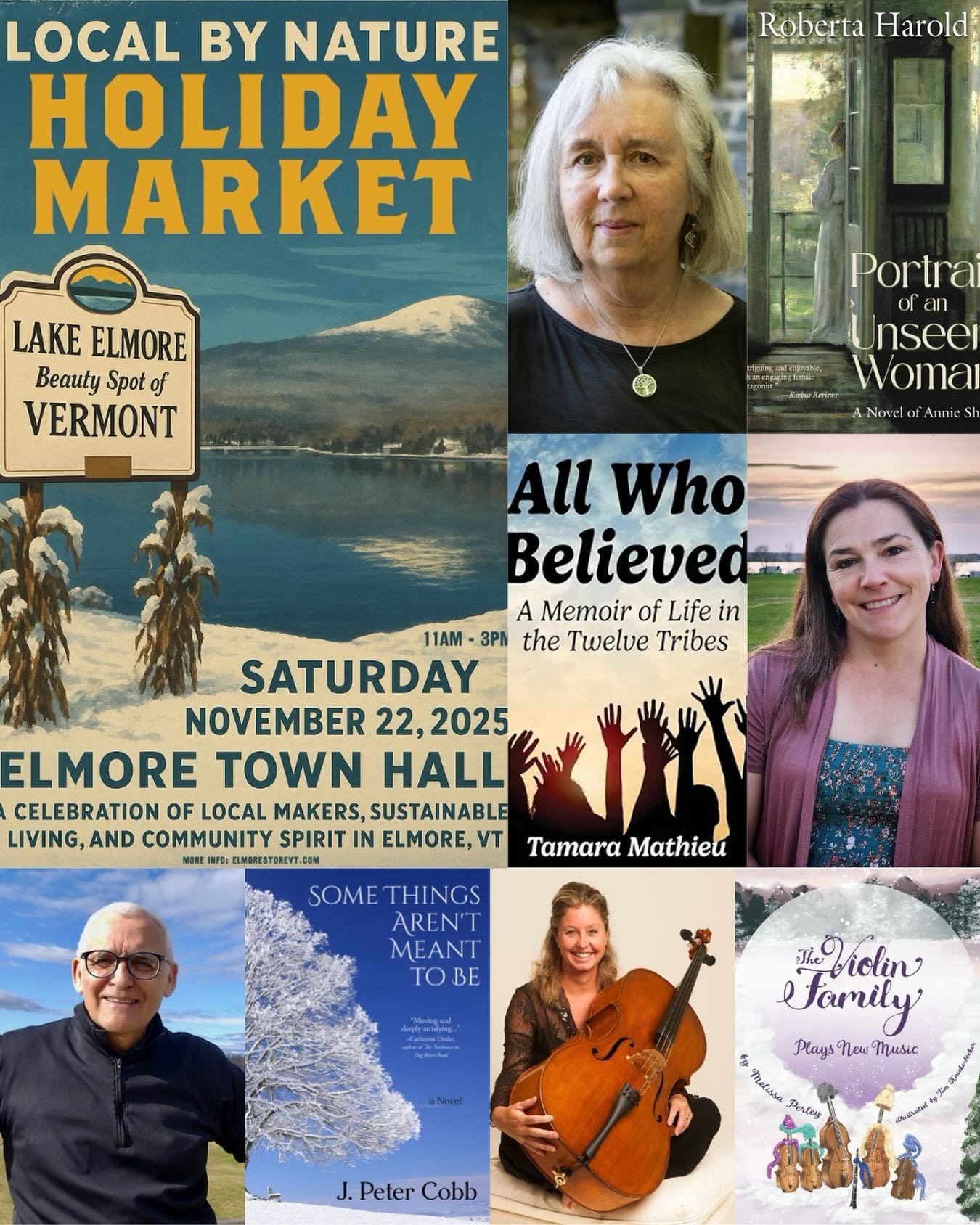 We&rsquo;ll be at the Elmore Holiday Market tomorrow from 11-3 with these authors signing books! Join us at the Elmore Town Hall for:

 11 am to Noon: Roberta Harold, author of Portrait of an Unseen Woman; 

Noon to 1 pm: Tamara Mathieu - Author of A