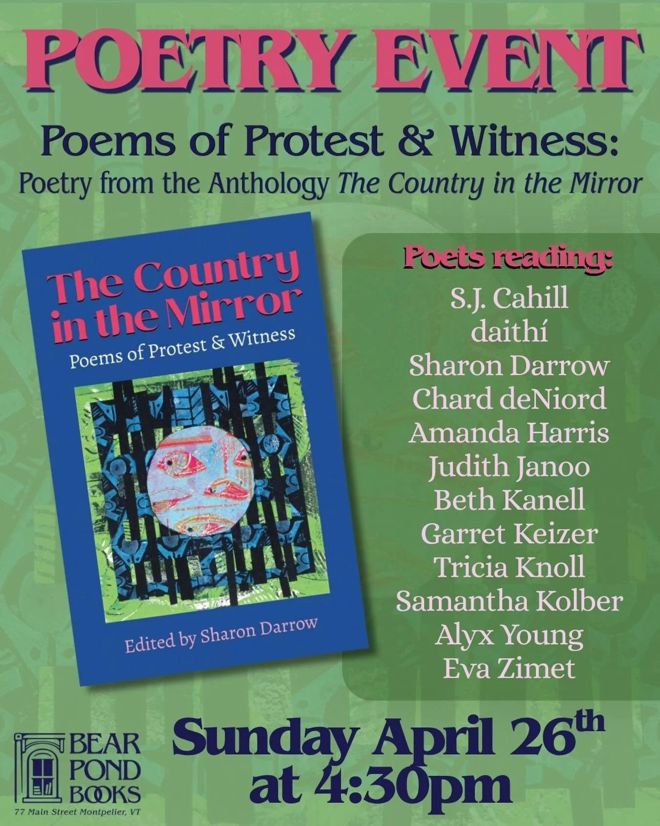 We&rsquo;re so proud of this anthology and the poets speaking truth to power. Please Save the Date and join us April 26 at @bearpondbooks for the Poems of Protest &amp; Witness Reading, featuring 12 local poets S.J. Cahill, da&iacute;thi, Sharon Darr