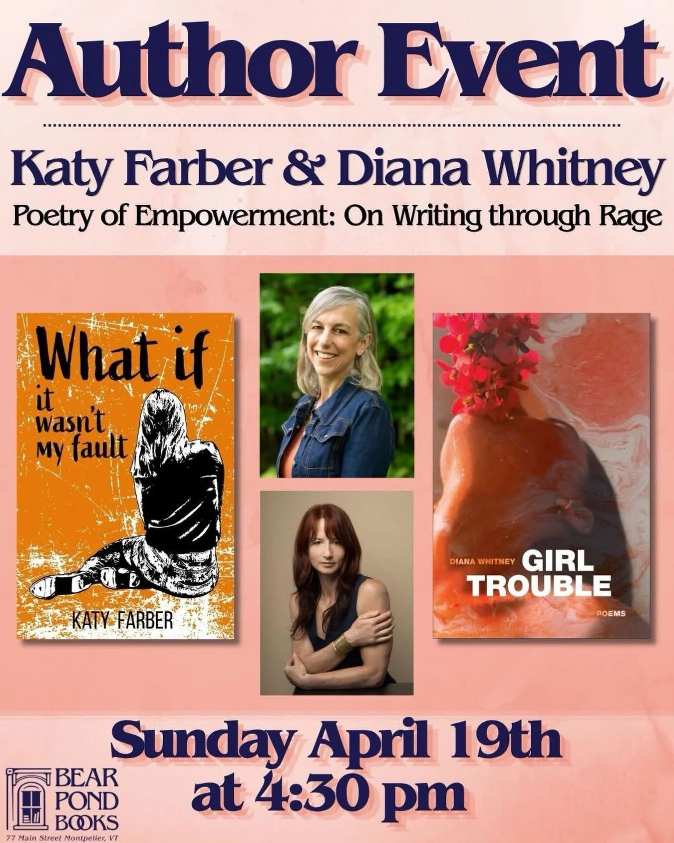 Join us at @bearpondbooks for @katyfarber and @dianawhitneypoet reading from their new books and talking about rage, poetry, and empowerment! With Morgan Montminy from @mosaicvermont offering resources for survivors (the poetry content has these them