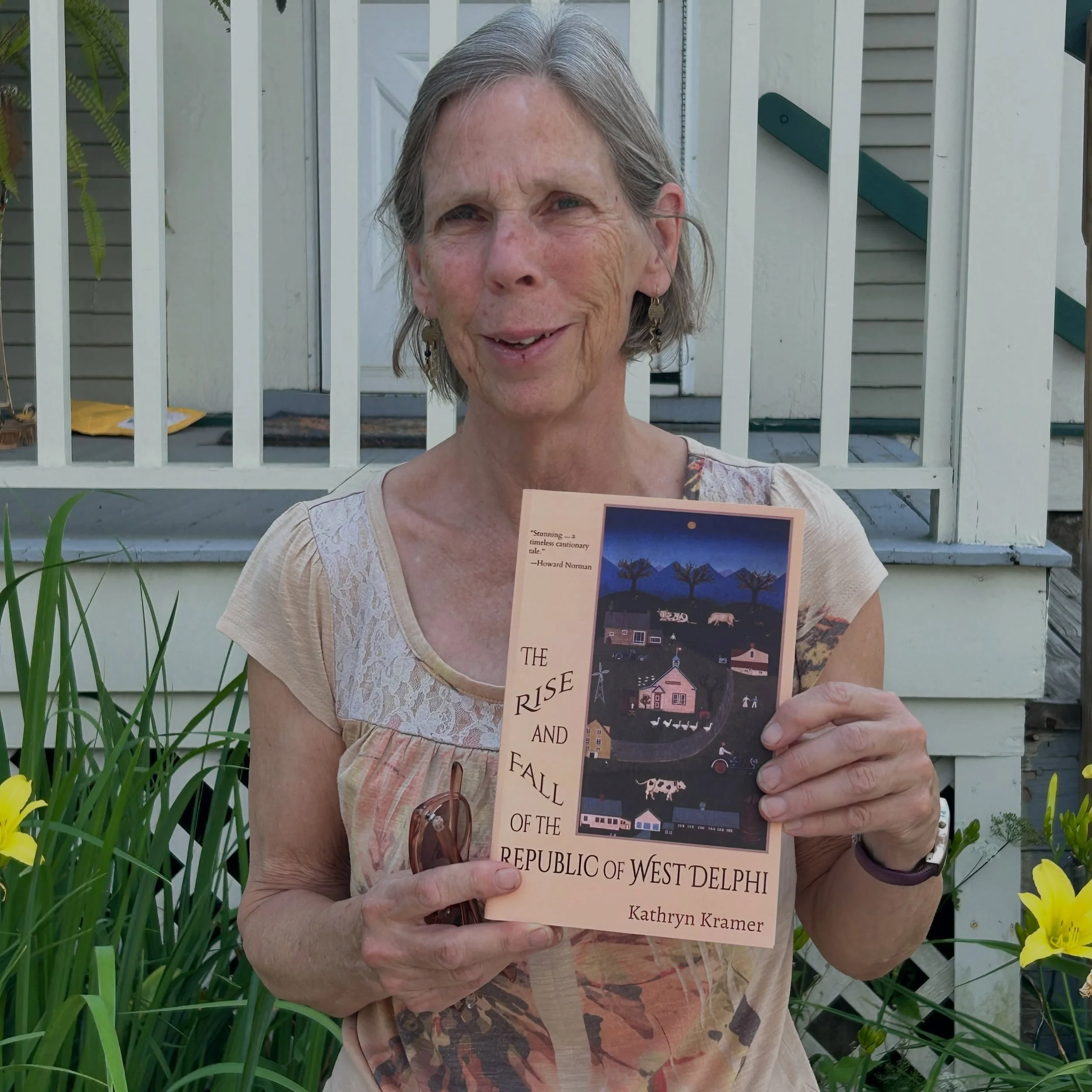 A happy author holds a finished copy of her book! Here&rsquo;s Kathryn Kramer, who taught at @middleburycollege for 20 years, with her memoir, THE RISE AND FALL OF THE REPUBLICAN OF WEST DELPHI, a creative account of a commune-like village in the hil