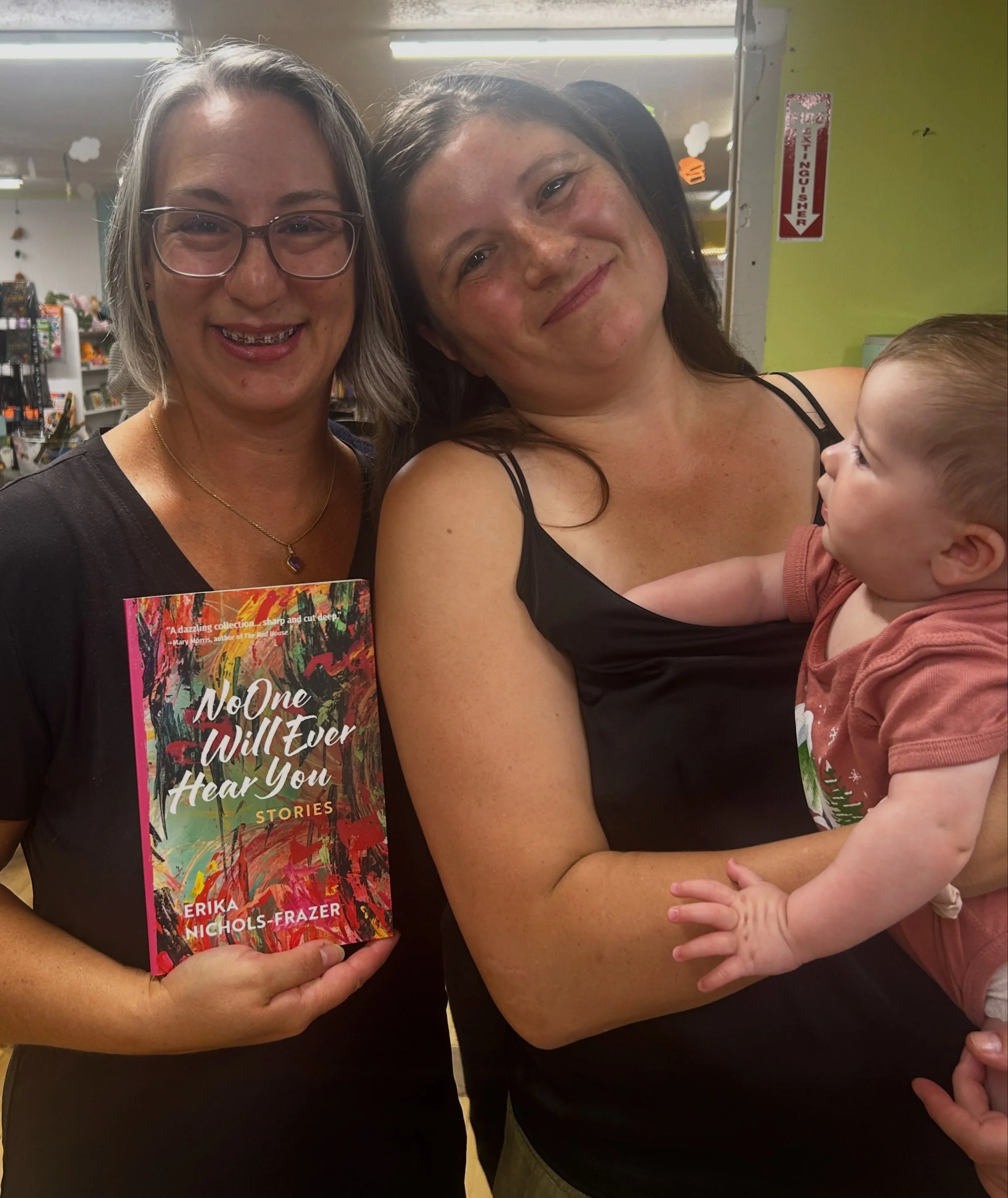A wonderful book launch and reading with Erika Nichols-Frazer @enicfrazer at @bridgesidebooks tonight! In these photos Publisher Samantha Kolber holds Erika&rsquo;s book baby, the short story collection NO ONE WILL EVER HEAR YOU, while Erika holds he