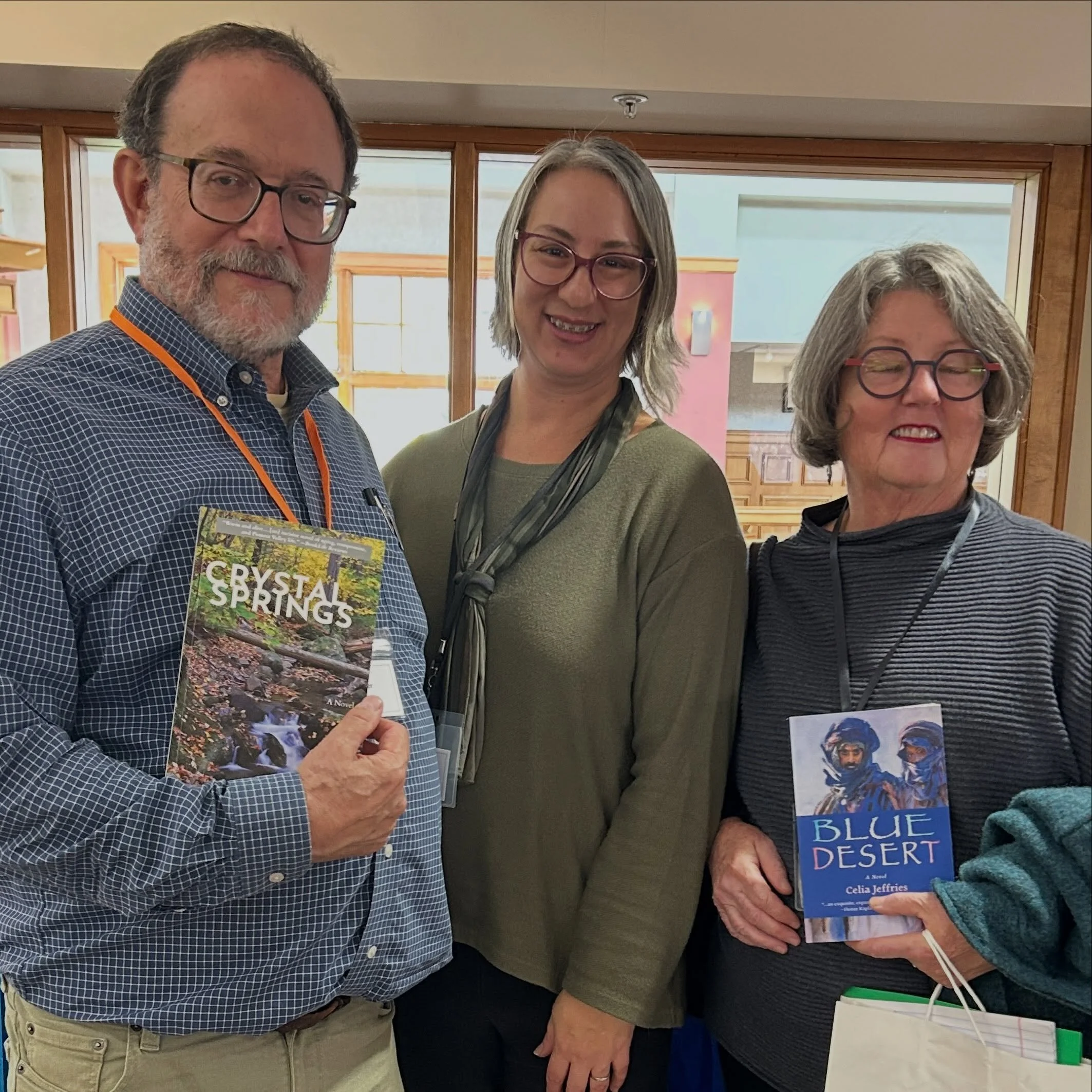 Had a wonderful time at the #writeanglesconference with @strawdogwriters today and it was especially great to meet two Rootstock authors in person! Left, Don Lesser, author of the novel CRYSTAL SPRINGS, and right, Celia Jeffries @celiajeff, author of