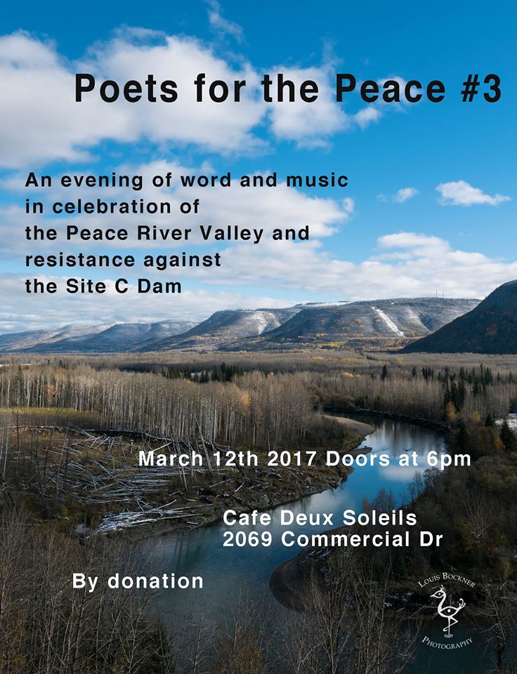 Winter blues got you down? Bring your friends out to celebrate all our work and our vibrant community of resistance and revolution! An evening of spoken word and rap to raise funds for the Indigenous struggle against the Site C Dam. Let's nourish ourselves with good food, good company, and good art! The funds raised will go directly to the West Moberly and Prophet River First Nations for their legal challenges against Site C, through the purchase of Stakes in the Peace ( http://www.stakeinthepeace.com/ ). Performers include: Crystal Smith Ostwelve Molly Billows Nipawi Mahihkan Misit Kakinoosit Audrey Siegl ... and others As well as special guest speaker Caleb Behn, Treaty 8 lawyer and activist! Keep watching this page as we announce more incredible performers.
