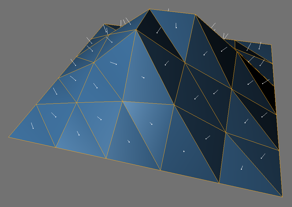An extremely low-resolution terrain. The surface normals are the short white lines at the center of each polygon. They point in the direction the polygon is facing. For example, the normal to the dark polygon at top center has components 0.504, -0.001, 0.863 (that is, the normal points 0.5 units east, a negligible amount south, and 0.86 units up; the overall length of the normal is 1 unit). 