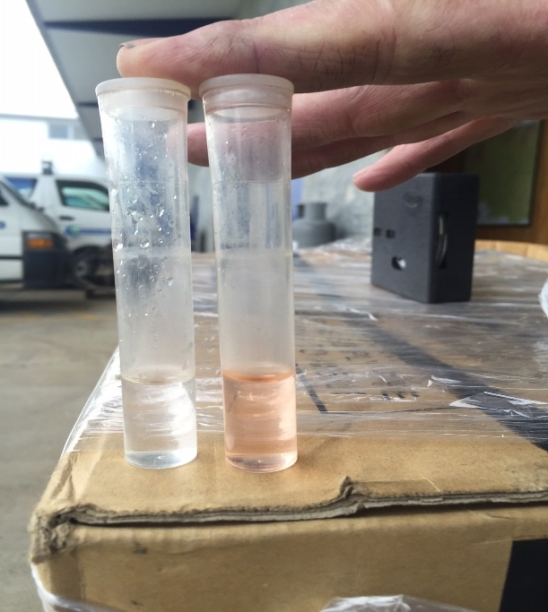 left - Bottle water sample Right - Iron-out water sample a month after installation
