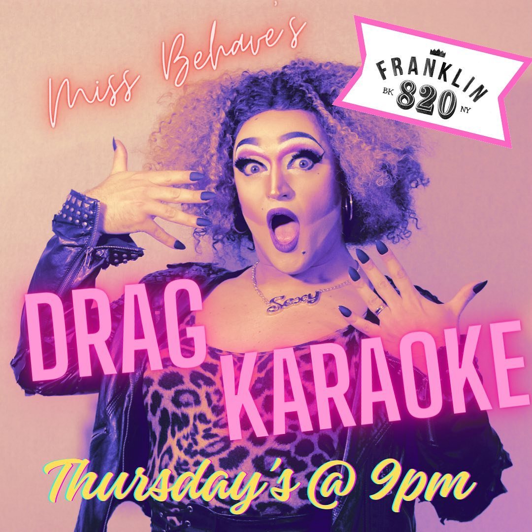 You know her, you tolerate her, it&rsquo;s Drag Karaoke every Thursday with Miss Behave! 9pm to 12am, come in and sign up for a wild night of songs, drinks and a whole lotta drag! ✨🪩🎤
.
.
.
.
.
.
.
.
.
.
#drag #karaoke #thursday #nyc #brooklyn #nyc
