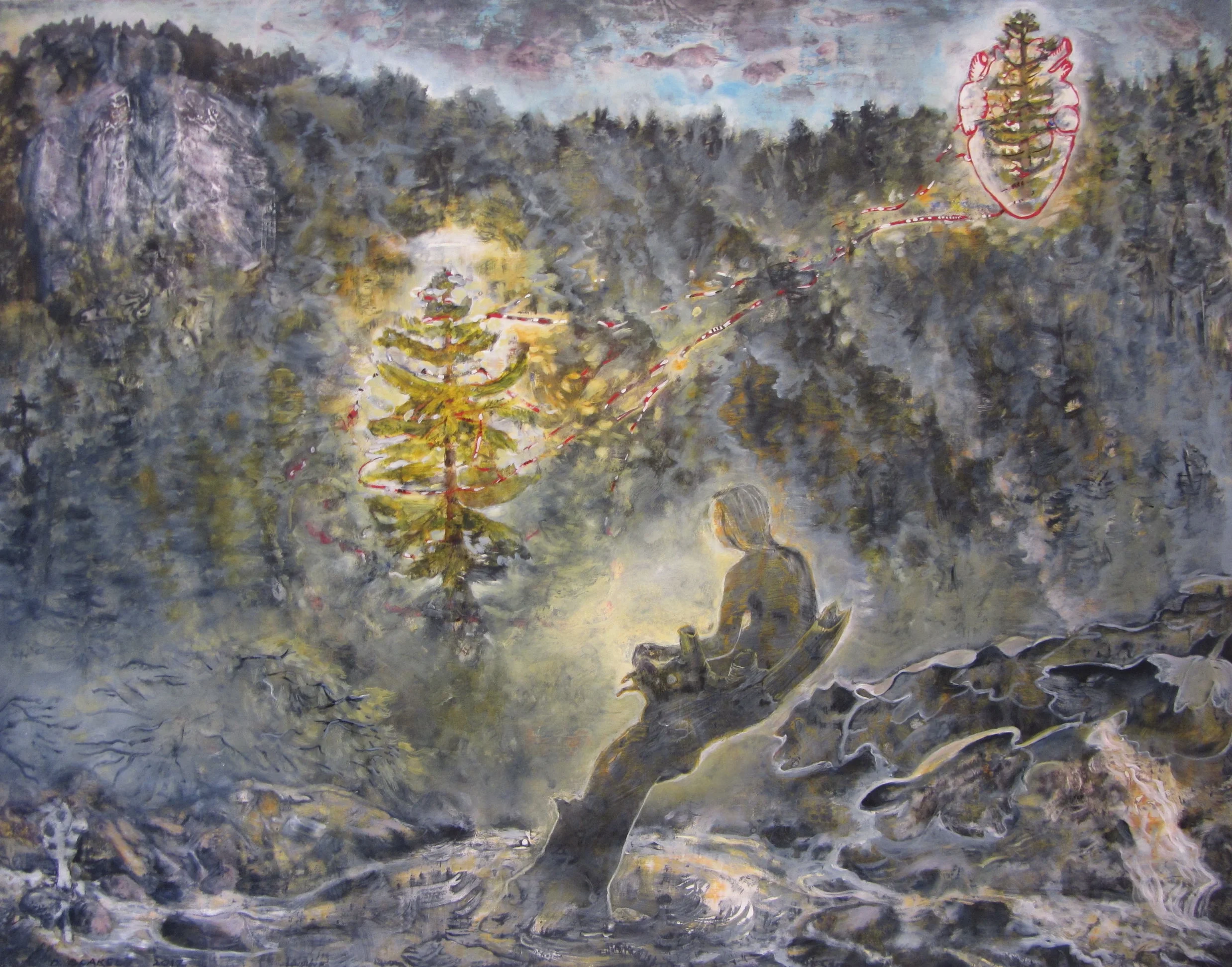 "Witnessing the Redwood Valentine on the Eastern Edge", 37"Hx48"W, oil, egg tempera on rag paper, 2017