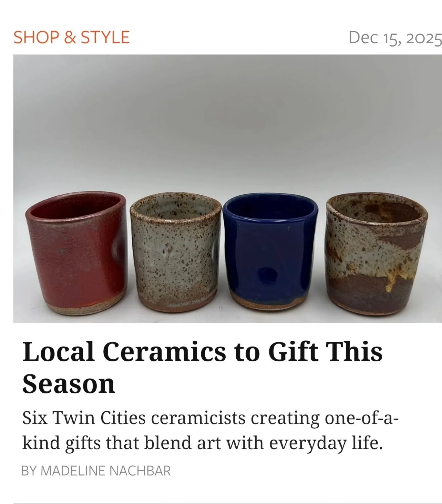 Thank you @mspmag &amp; @madeline.rose.nachbar for the article :: come visit @greatrivergallerymn this Friday &amp; Saturday the 19th &amp; 20th from 12p - 5p for unique handmade art/gifts. Check out my stories for a link to the article. 
.
#pottery 