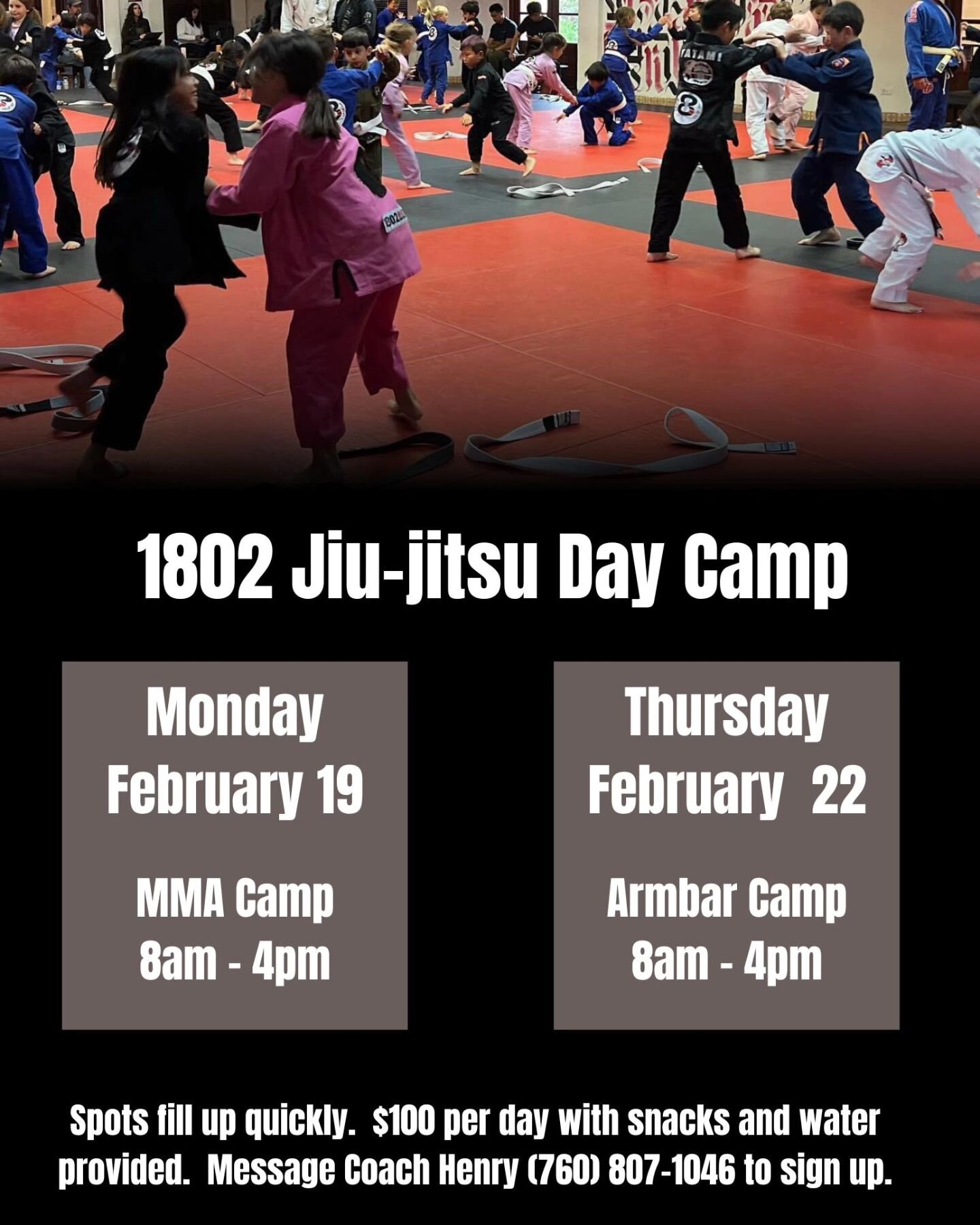 We will be having a few jiu jitsu day camps on the 19th and 22nd of February. Monday will be focused on kids Mma training and it will be led by Professor @miguel97___  Thursday will be focused on armbars from every position and it will be led by Prof