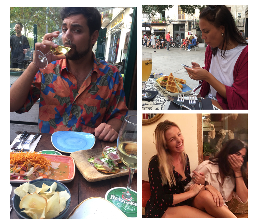 Very attractice boyfriend eating tuna patacones at FOC, Tilda at Aslur cafe and Raquel & myself at La bodega del Notariat