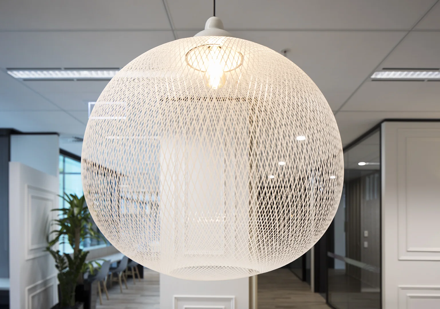 An intricate light is the centerpiece of this fitout. 
