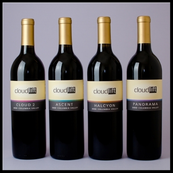 Image of four reds by Cloudlift Cellars - Cloud 2, Ascent, Halcyon and Panorama.
