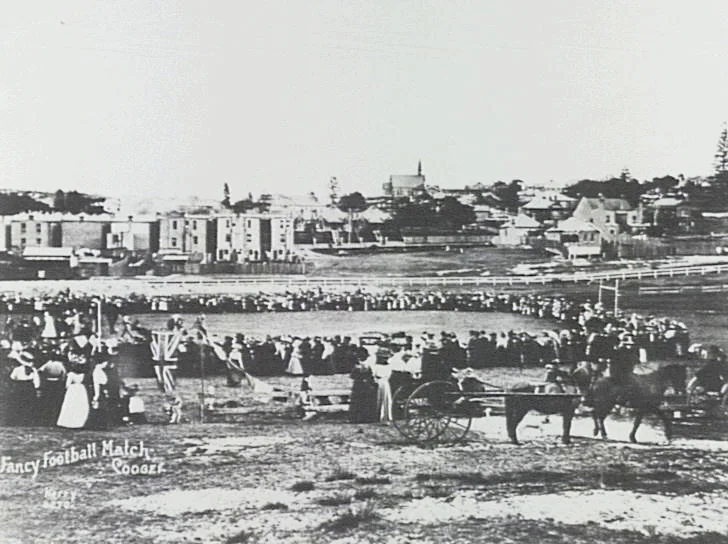 St Nicolas Anglican Church Coogee from Coogee Oval at "fancy football match": early 1900s.