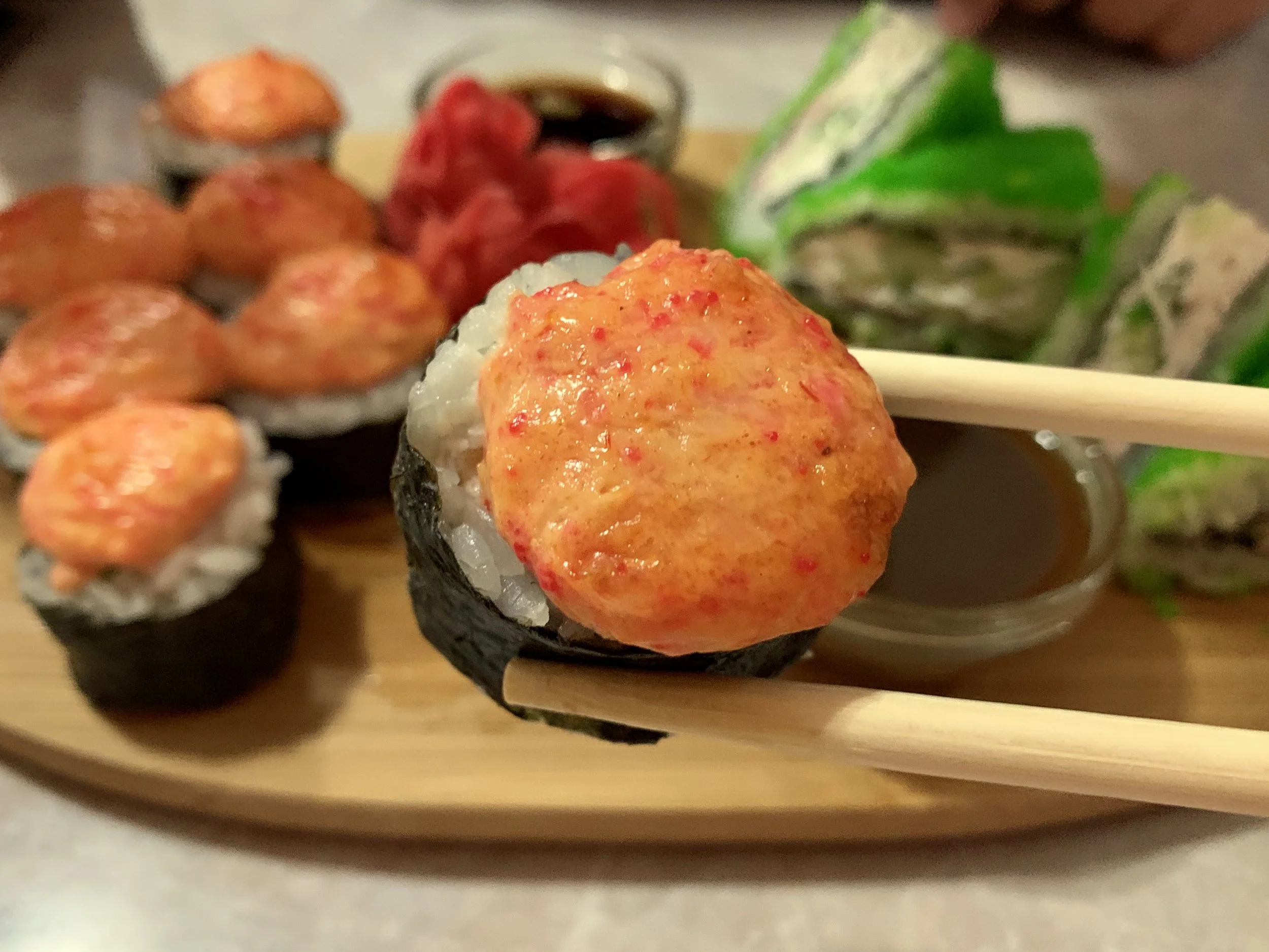Baked salmon roll and crab sandwich